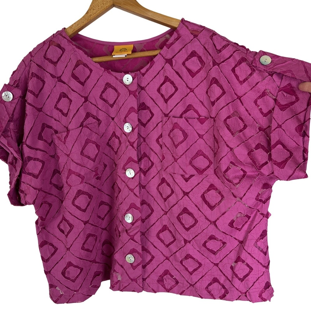 Ruby Rd Artsy‎ Blouse Top Womens 16 Pink Abstract Roll Tab Boxy Buttons Sheer